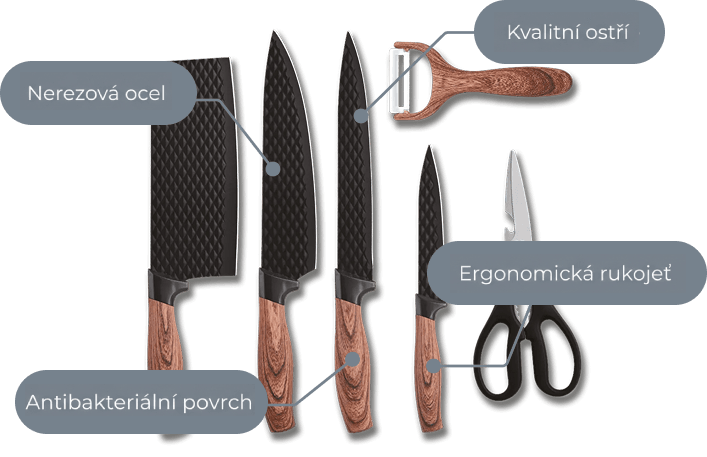 Kuchyňská sada obsahují sekáček, ostrý nůž, nůžky a škrabku